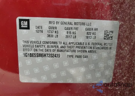 2017 Chevrolet Cruze Lt from USA, damaged, VIN 1G1BE5SM6H7202439